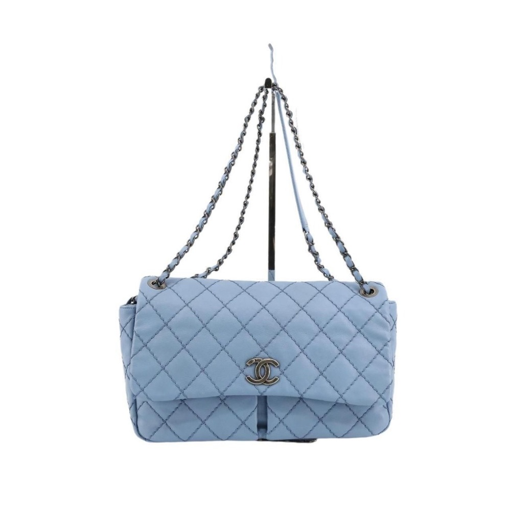 CHANEL Baby Blue Quilted Calfskin Wild Stitch Two Pocket Flap